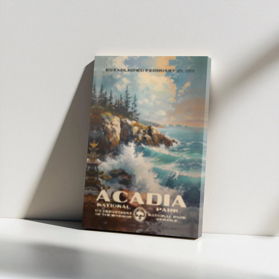 Acadia National Park Canvas Art | Vintage Style Maine Travel Poster | Gallery Wrap Wall Decor | Premium National Park Gift for Travelers