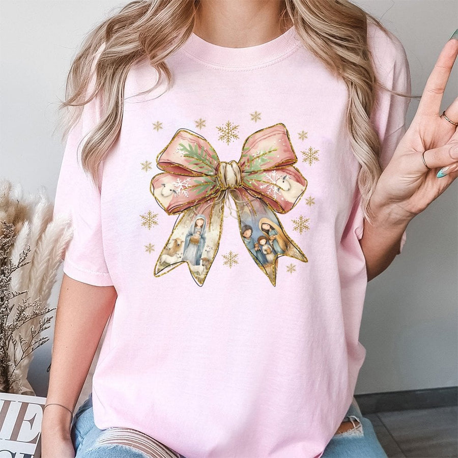 Nativity Scene Coquette Bow T-Shirt | Christian Christmas Aesthetic Graphic Tee | 100% Premium Cotton | Religious Holiday Gift for Women