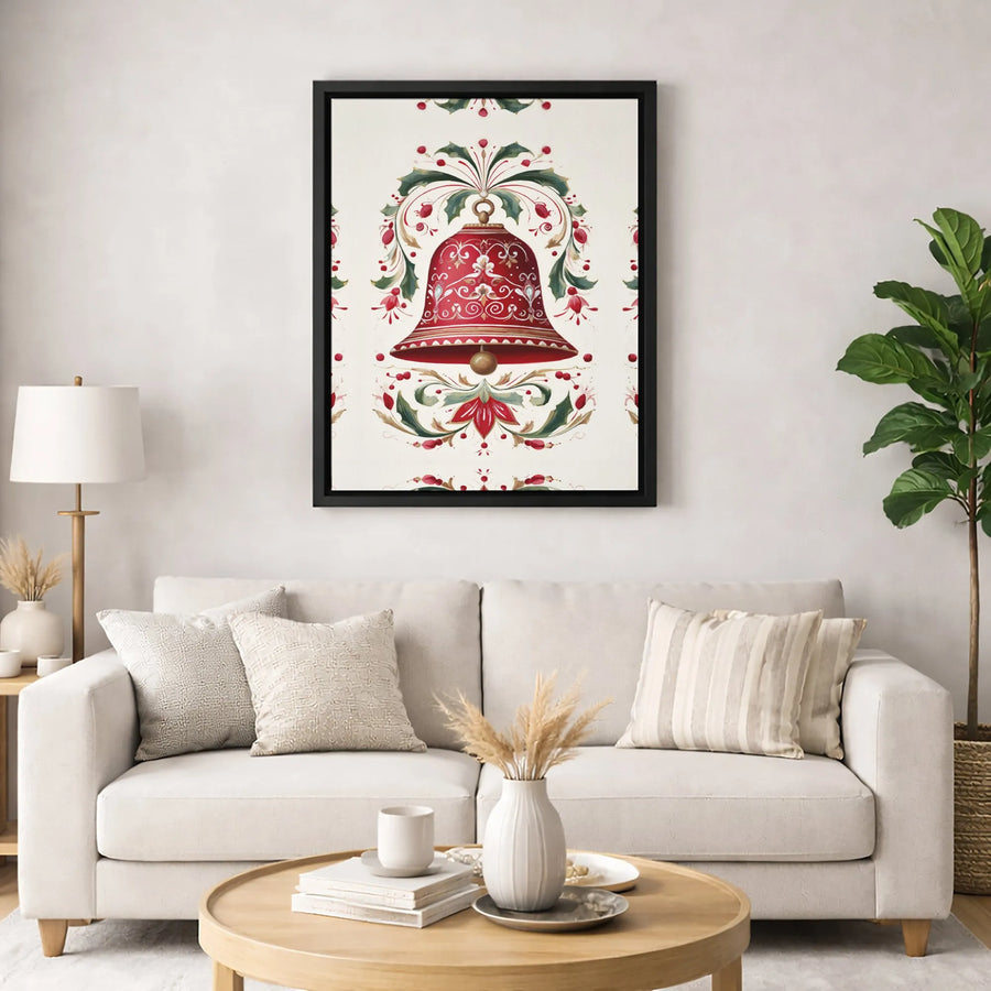 Christmas Bell Canvas Wall Art | Ornate Red Holiday Botanical Print | Premium Fade-Resistant Gallery Wrap | Festive Home Decor Gift for Holidays