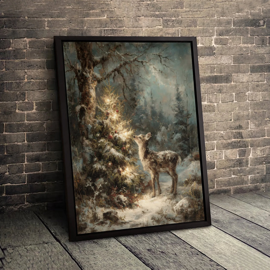 Christmas Deer Canvas Wall Art | Snowy Forest Lit Tree Winter Painting | Gallery-Quality 1.25 Inch Thick Wrap | Holiday Home Decor Gift