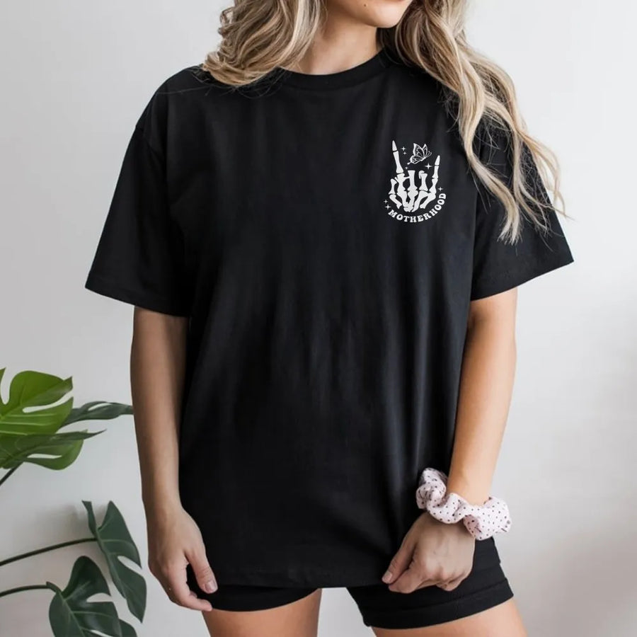 Motherhood Skeleton Hand T-Shirt | Rock On Graphic with Butterfly | Soft Cotton Tee | Unique Mother's Day Gift for Cool Mom