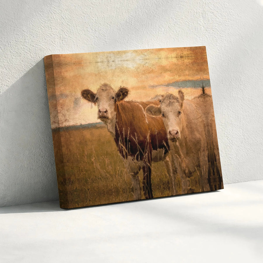 Rustic Farmhouse Canvas Wall Art | Two Cows in Sunset Field Painting | Premium Gallery-Wrapped Print | Farm Animal Decor for Home