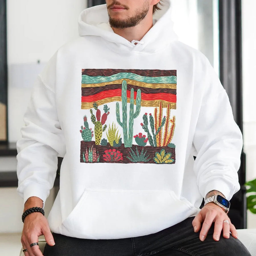 Retro Desert Cactus Hoodie | Southwest Boho Botanical Graphic | Premium Soft Cotton Tee | Unique Plant Lover Gift