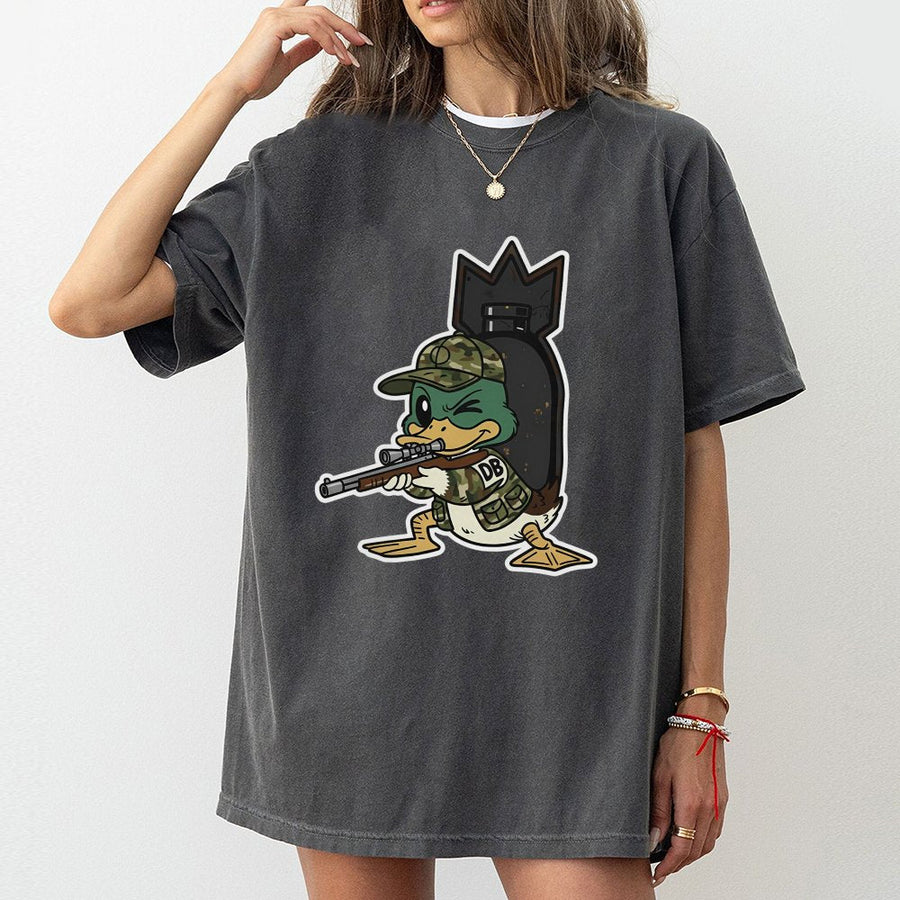 Hunting Duck Graphic T-Shirt | Funny Armed Waterfowl Sniper Print | Premium 100% Cotton Apparel | Unique Gift for Hunters & Outdoorsmen