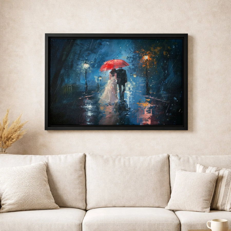 Romantic Couple Canvas Wall Art | Red Umbrella Rain Painting | Premium Gallery Wrap Print | Anniversary Gift for Couples Home Decor