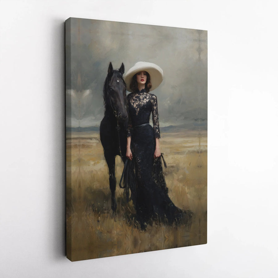 Woman with Black Horse Canvas Art | Moody Oil Painting Style Print | Premium Gallery Wrapped Wall Decor | Dark Academia Equestrian Gift