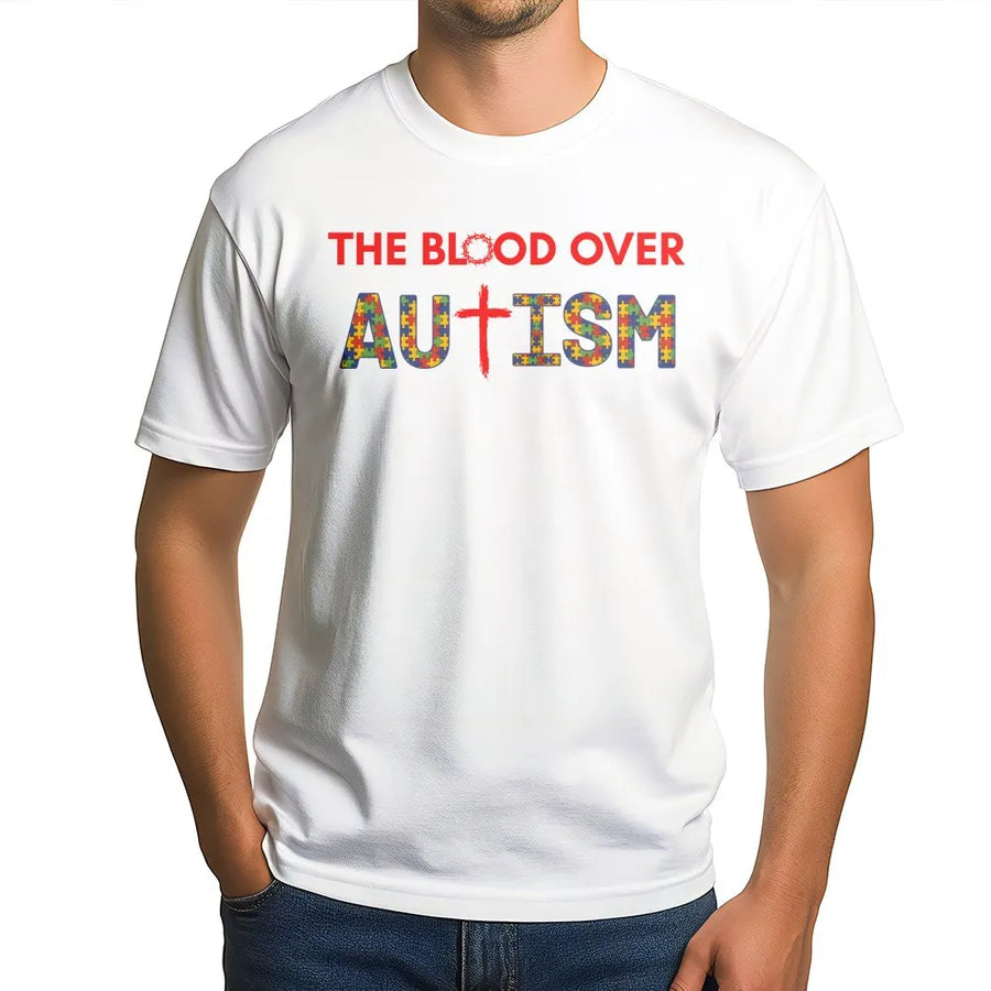 Blood Over Autism T-Shirt | Christian Puzzle Piece Cross Graphic Tee | Soft Cotton-Poly Blend | Faith Based Autism Awareness Gift