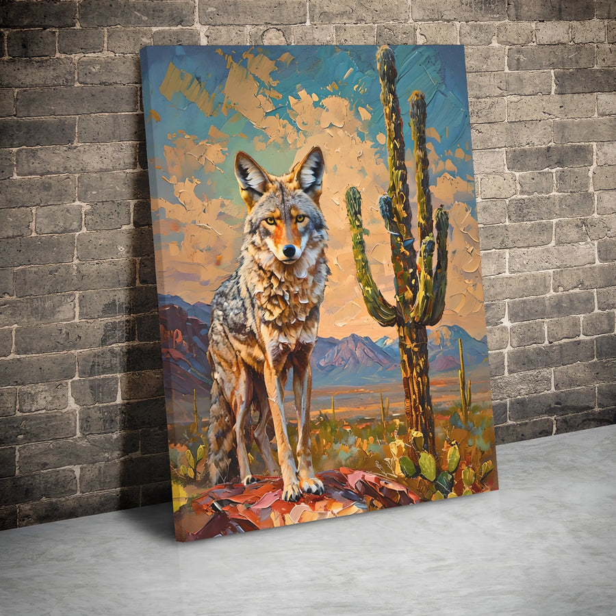 Coyote Desert Canvas Art | Southwestern Saguaro Cactus Impasto Print | Premium Gallery Wrap Wall Decor | Rustic Modern Living Room Artwork