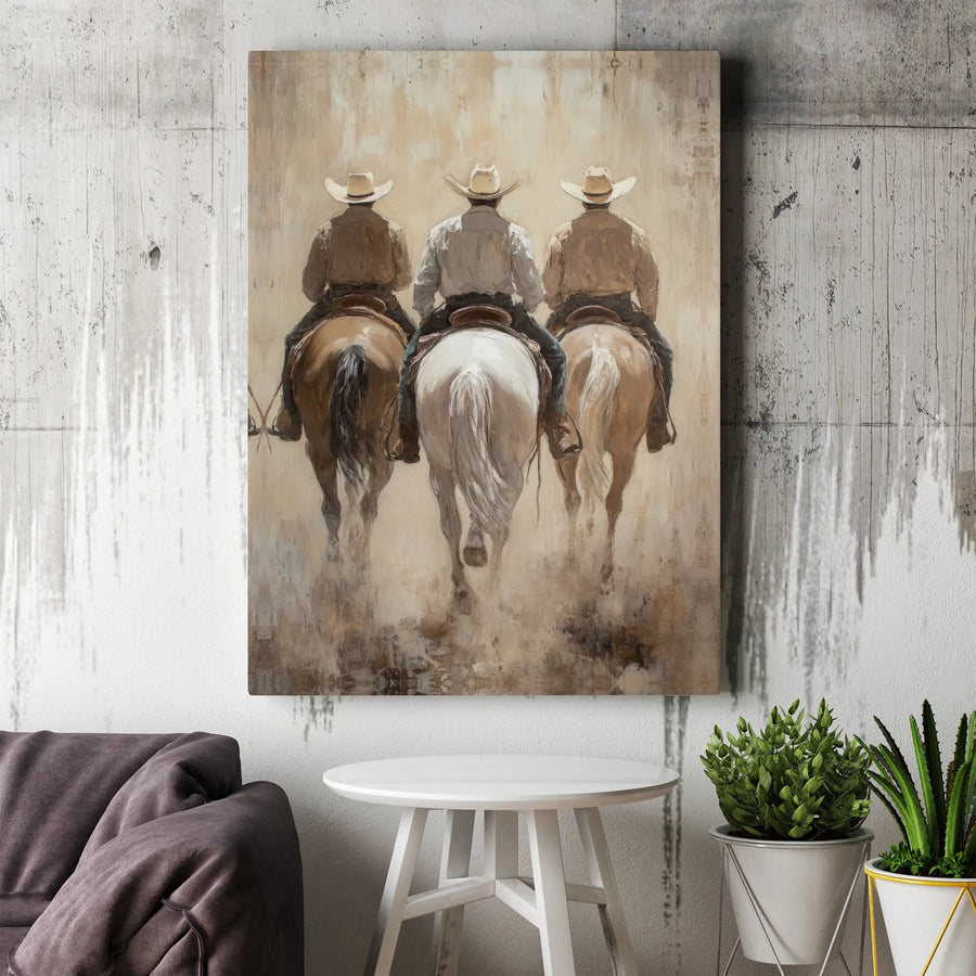 Western Cowboy Wall Art | Three Horseback Riders Painting Print | Premium 1.25 Inch Gallery Canvas | Rustic Home Office Decor Gift