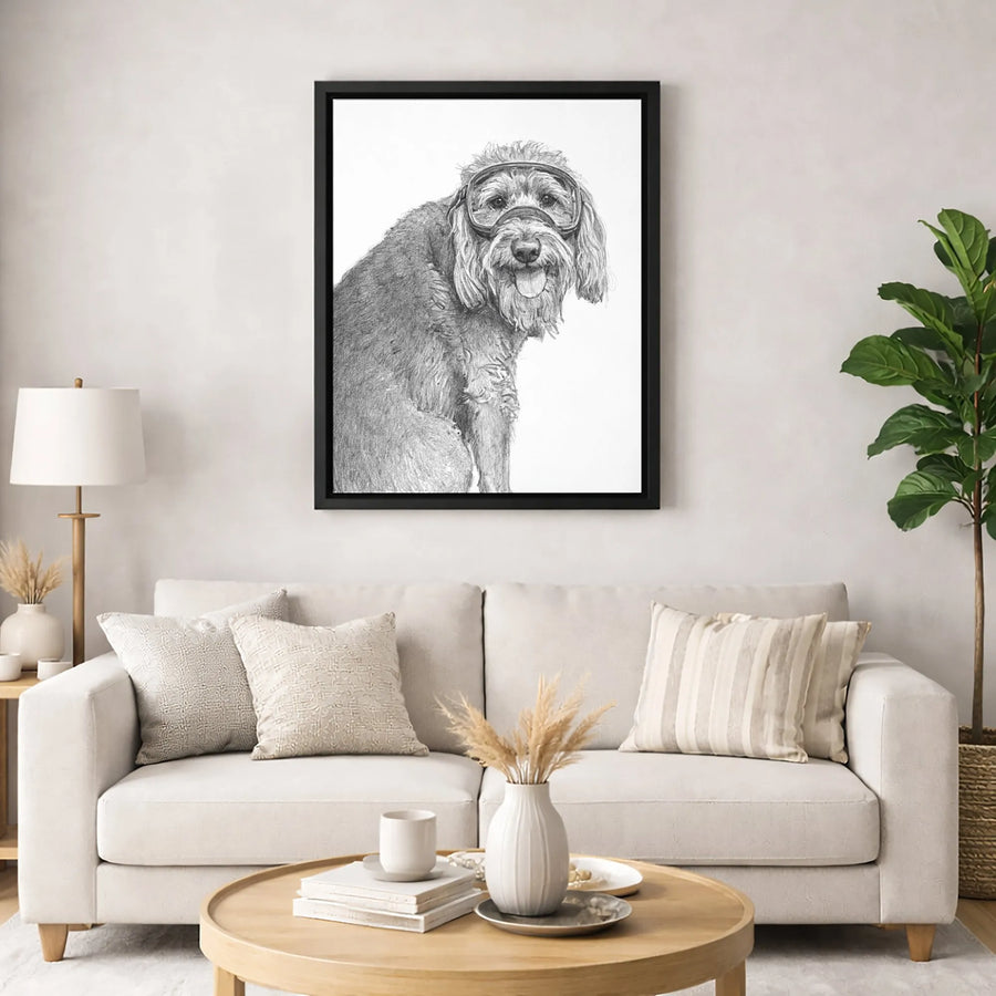 Labradoodle Wall Art | Whimsical Dog Wearing Goggles Pencil Drawing | Premium Gallery Canvas | Unique Gift for Dog Lovers