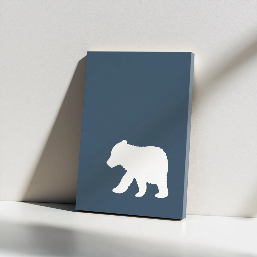 Minimalist Bear Cub Canvas Wall Art | Navy Blue Woodland Animal Silhouette | Premium Stretched Canvas Print | Modern Nursery Decor Gift for Kids