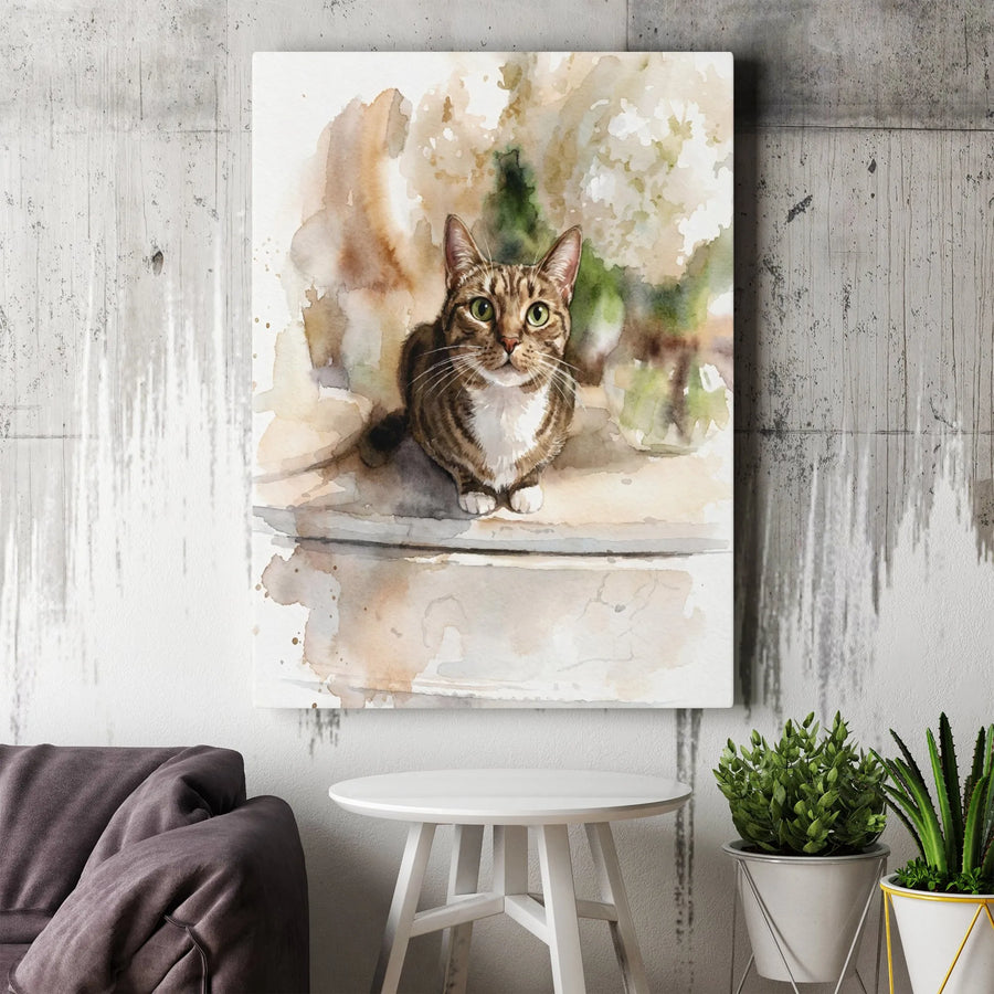 Watercolor Tabby Cat Canvas Print | Green Eye Kitten Wall Art | Gallery Wrapped Premium Decor | Pet Lover Gift Idea