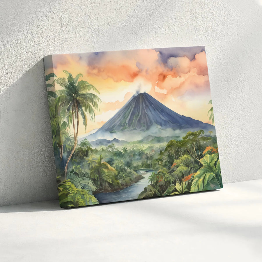 Volcano Landscape Canvas Print | Watercolor Tropical Jungle Scene | Premium Gallery Quality Art | Living Room Decor Gift for Nature Lovers