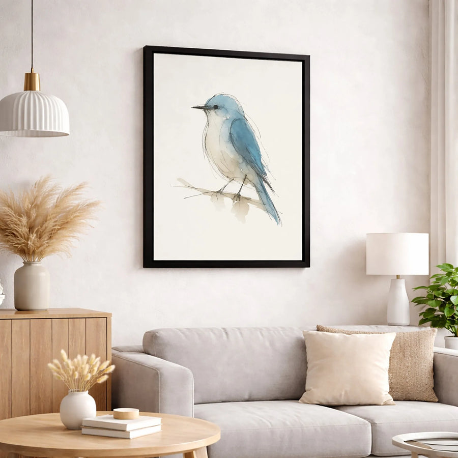 Blue Bird Canvas Wall Art | Minimalist Watercolor Ink Sketch | Premium Gallery Wrapped Print | Nature Home Decor Gift for Bird Lovers