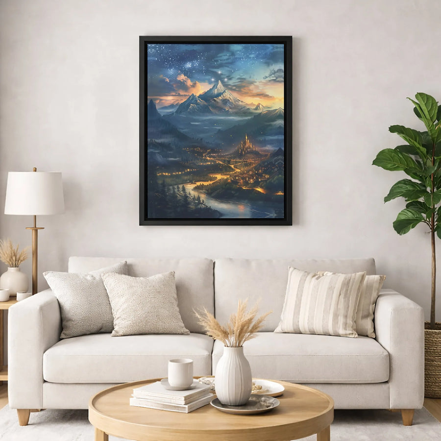 Fantasy Mountain Castle Canvas Wall Art | Magical Landscape Night Sky Print | Premium Gallery Wrapped Decor | Enchanted Forest Home Gift
