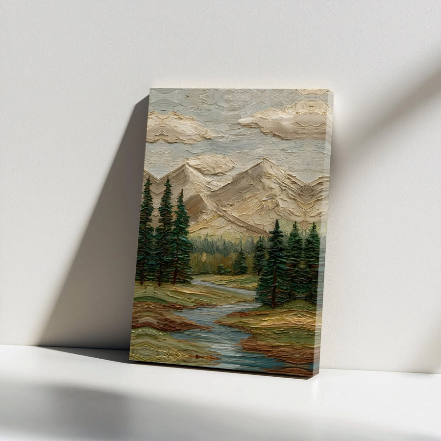Textured Mountain Landscape Vertical Canvas | 3D-Effect Impasto Oil Paint Style Forest & River Scene | Premium 1.25" Gallery Wrap Print | Scenic Nature Wall Art Gift for Living Room Decor