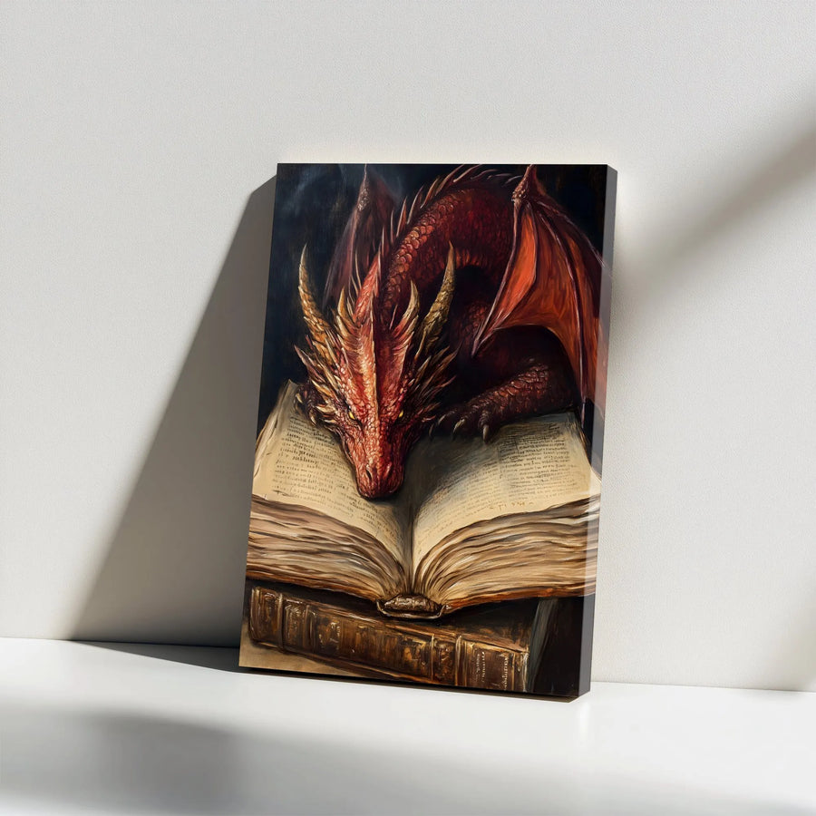 Red Dragon Reading Book Canvas Print | Fantasy Library Wall Art | Premium Gallery Wrap Decor | Gift for Book Lovers & Fantasy Readers