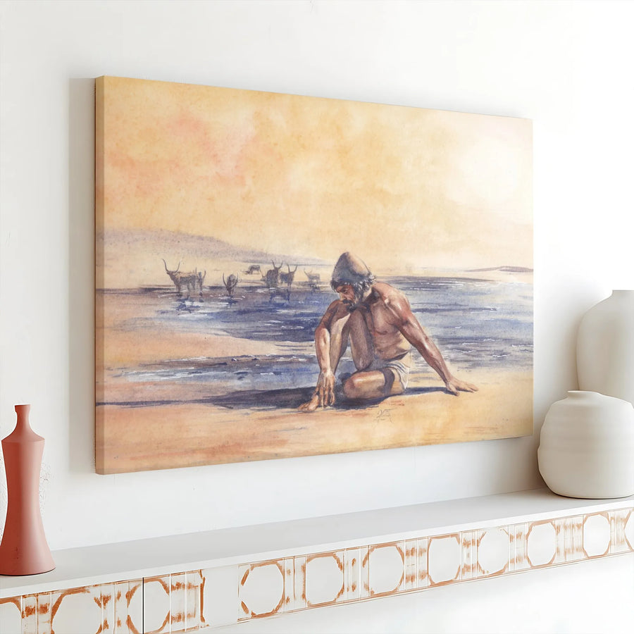 Odysseus and Helios Cattle Canvas Print | Homer's Odyssey Watercolor Illustration | Premium Gallery-Wrapped Canvas | Collector's Gift for Mythology Lovers