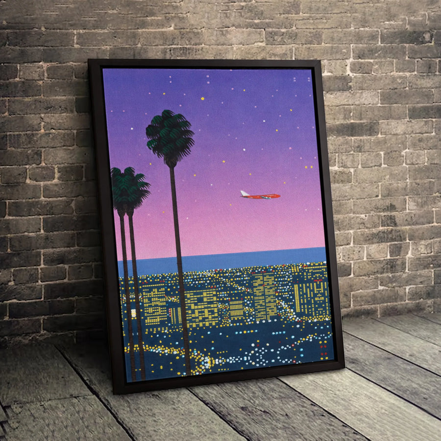 Retro City Night Canvas Print | Los Angeles Aesthetic Palm Trees Wall Art | Premium 1.25 Inch Gallery Wrap | Modern Home Decor Gift