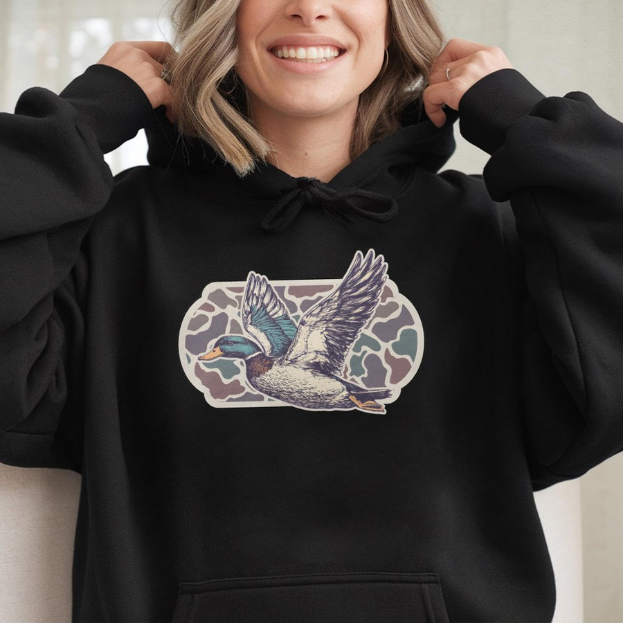 Mallard Duck Hoodie | Flying Waterfowl Camo Graphic | Premium Cotton Blend | Gift for Hunters and Birdwatchers