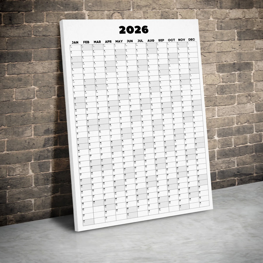 2026 Yearly Calendar Canvas Print | Minimalist Vertical Wall Art | Premium Gallery-Wrapped Canvas | Modern Office or Home Decor Gift