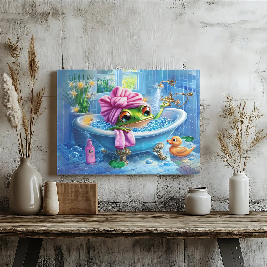 Cute Frog Canvas Wall Art | Whimsical Frog in Bathtub Print | Premium Gallery Quality Canvas | Kids Bathroom Decor & Nursery Gift