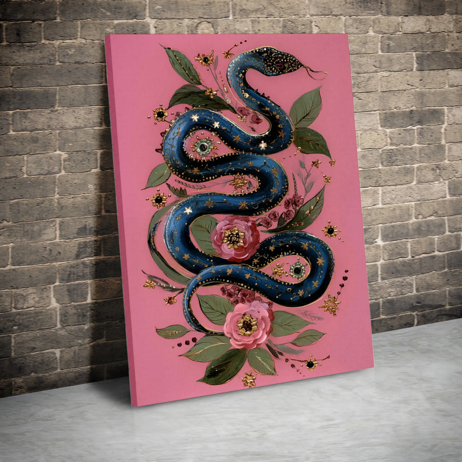 Celestial Serpent Canvas | Jeweled Botanical Snake Art | Premium Thick Gallery Wrap | Witchy Boho Home Decor Gift