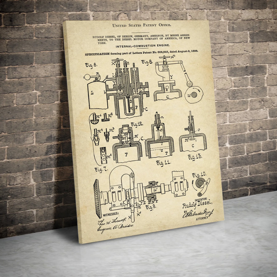 Rudolf Diesel Engine Patent Print | 1898 Mechanical Blueprint Wall Art | Premium Gallery Canvas | Gift for Engineers & Mechanics