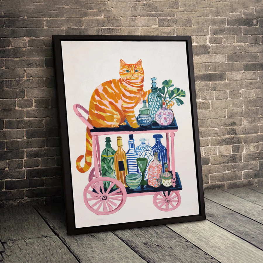 Orange Tabby Cat Wall Art | Whimsical Bar Cart Illustration | Premium Gallery Wrapped Canvas | Colorful Kitchen & Home Decor Gift