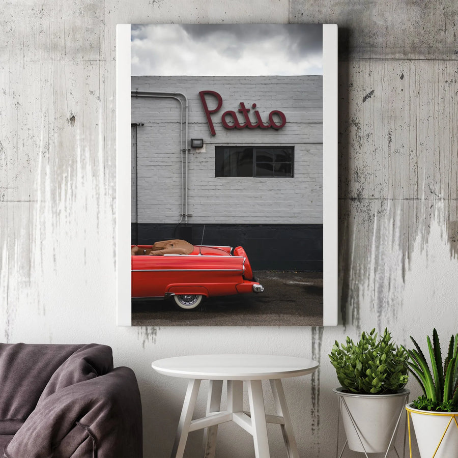 Toile verticale vintage rouge « Convertible » | Photographie d’enseigne rétro de terrasse | Impression sur toile haut de gamme sans cadre | Décoration murale de garage pour collectionneur