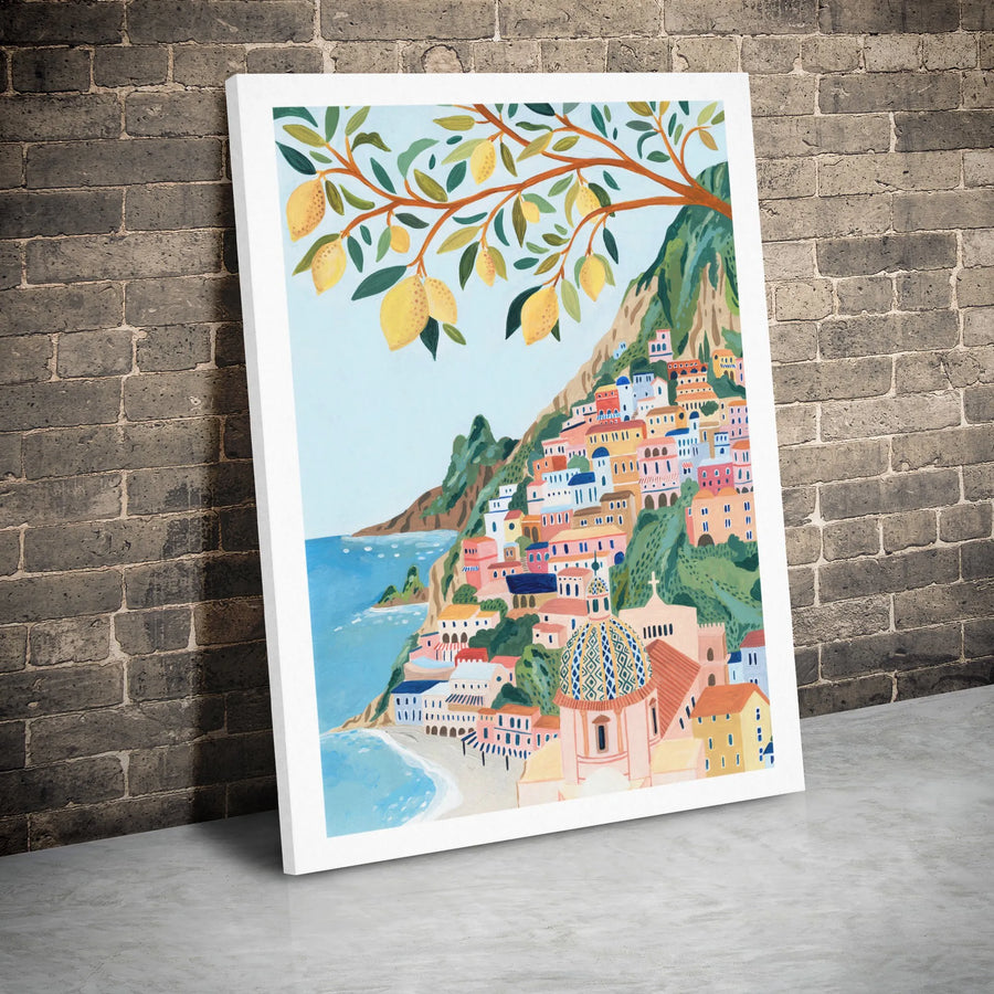 Positano Italy Wall Art | Amalfi Coast Watercolor Travel Print | Premium Gallery Wrap Canvas | Mediterranean Home Decor Gift for Travel Lovers