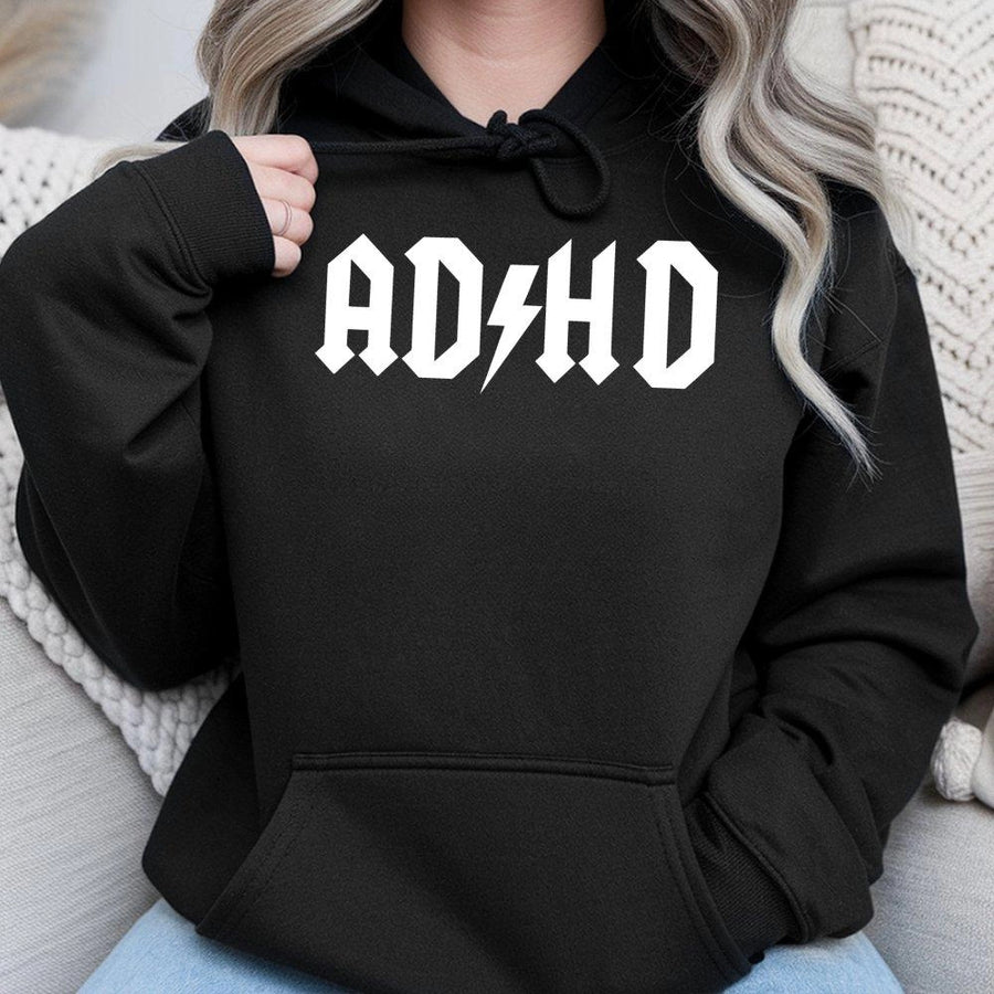 ADHD Hoodie | Rock Band Font Graphic | Premium Cotton Blend | Funny Mental Health Awareness Gift for Him or Her