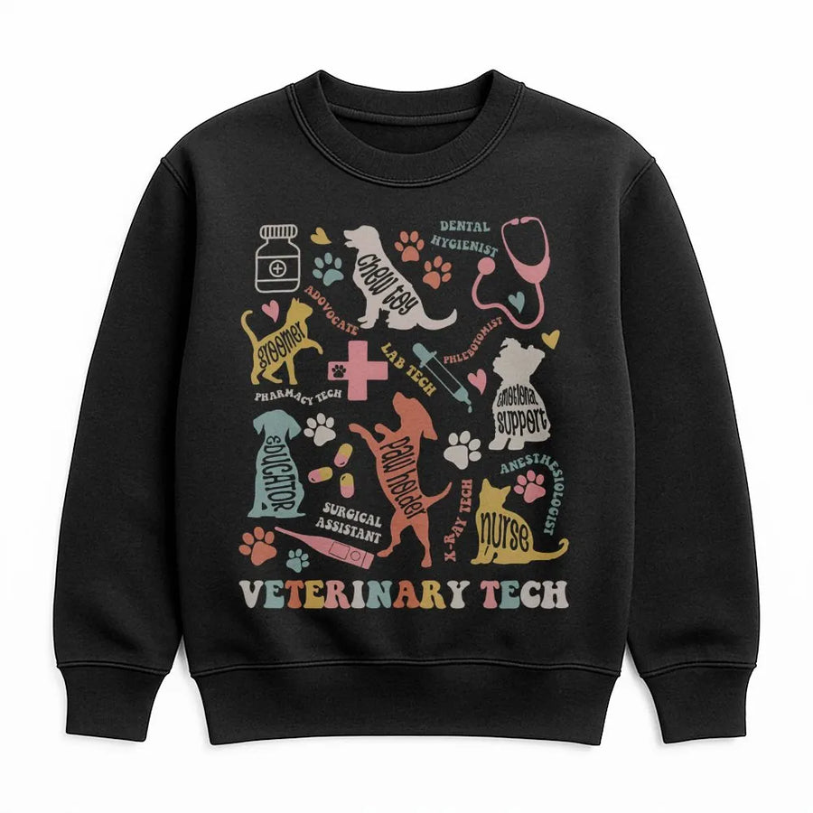 Veterinary Technician Sweatshirt | Retro Vet Tech Graphic Design | Premium Cotton Blend Crewneck | Cute Animal Lover Gift For Vet Staff