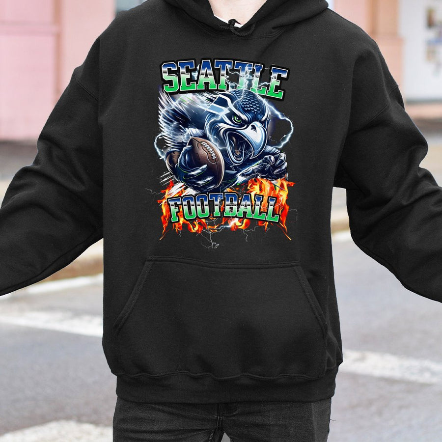 Seattle Football With Seahawks Mascot And Flames Hoodie