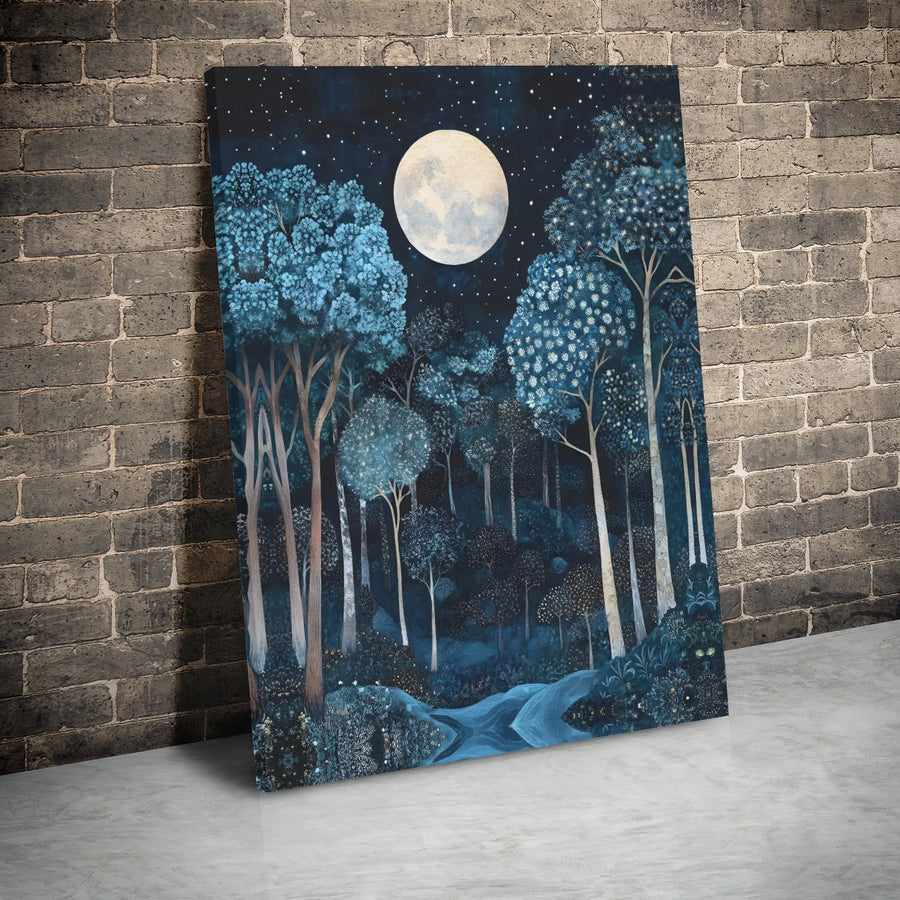 Mystical Forest Night Canvas Print | Full Moon and Stars Wall Art | Premium Gallery Wrap Decor | Nature Lover Home Office Gift