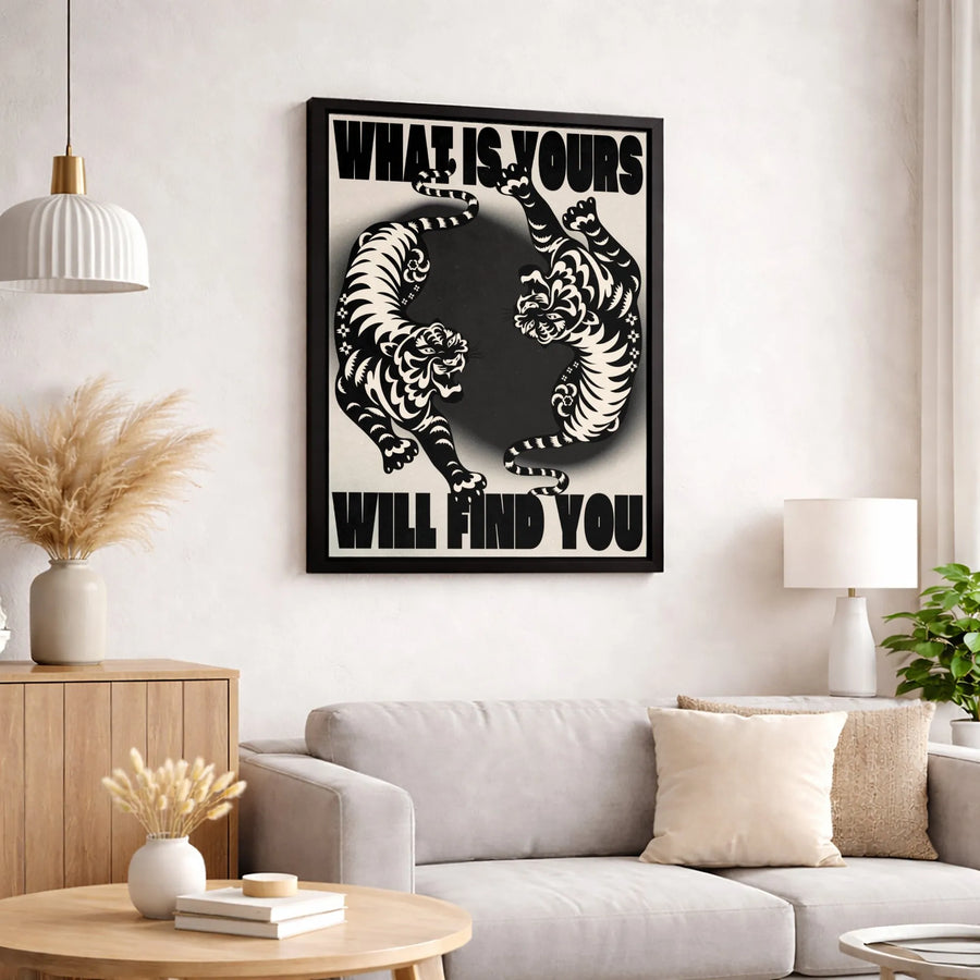 What Is Yours Will Find You Wall Art | Stylized Tiger Yin Yang Canvas | Premium 1.25 Inch Gallery Wrap | Motivational Quote Decor for Home Office