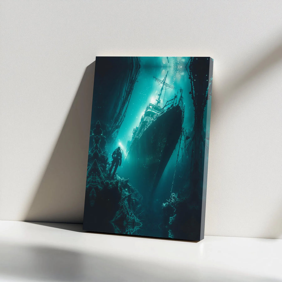 Deep Sea Shipwreck Canvas Print | Mysterious Underwater Exploration Art | Premium Gallery Wrapped Canvas | Nautical Home Decor Gift for Divers