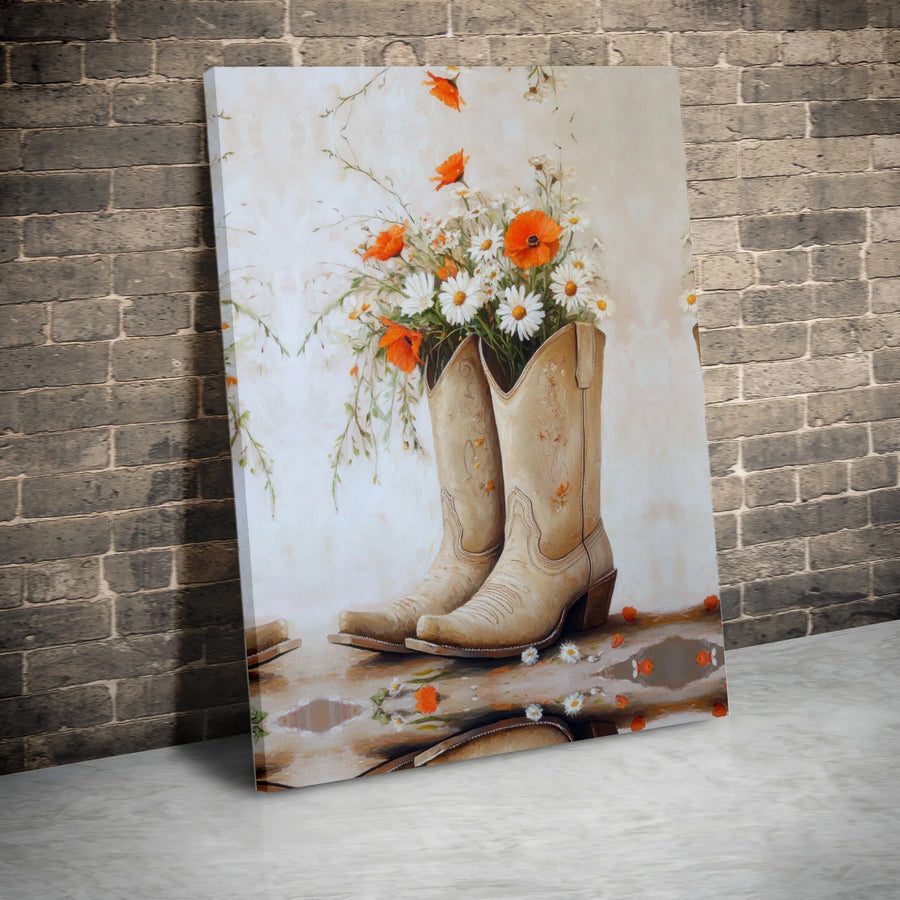 Western Cowboy Boots Canvas Art | Floral Daisy and Poppy Painting | 1.25 inch Gallery Wrap | Rustic Country Home Decor Gift