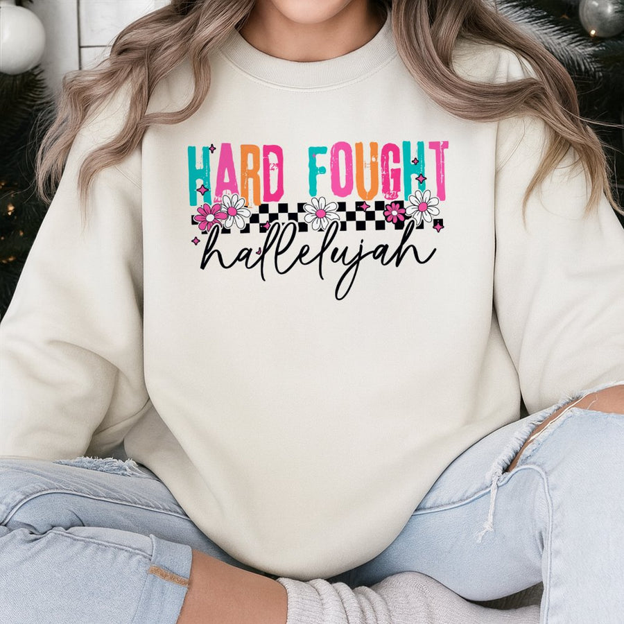 Hard Fought Hallelujah Sweatshirt | Retro Daisy Checkerboard Christian Apparel | Premium Cotton Blend Crewneck | Religious Gift For Women