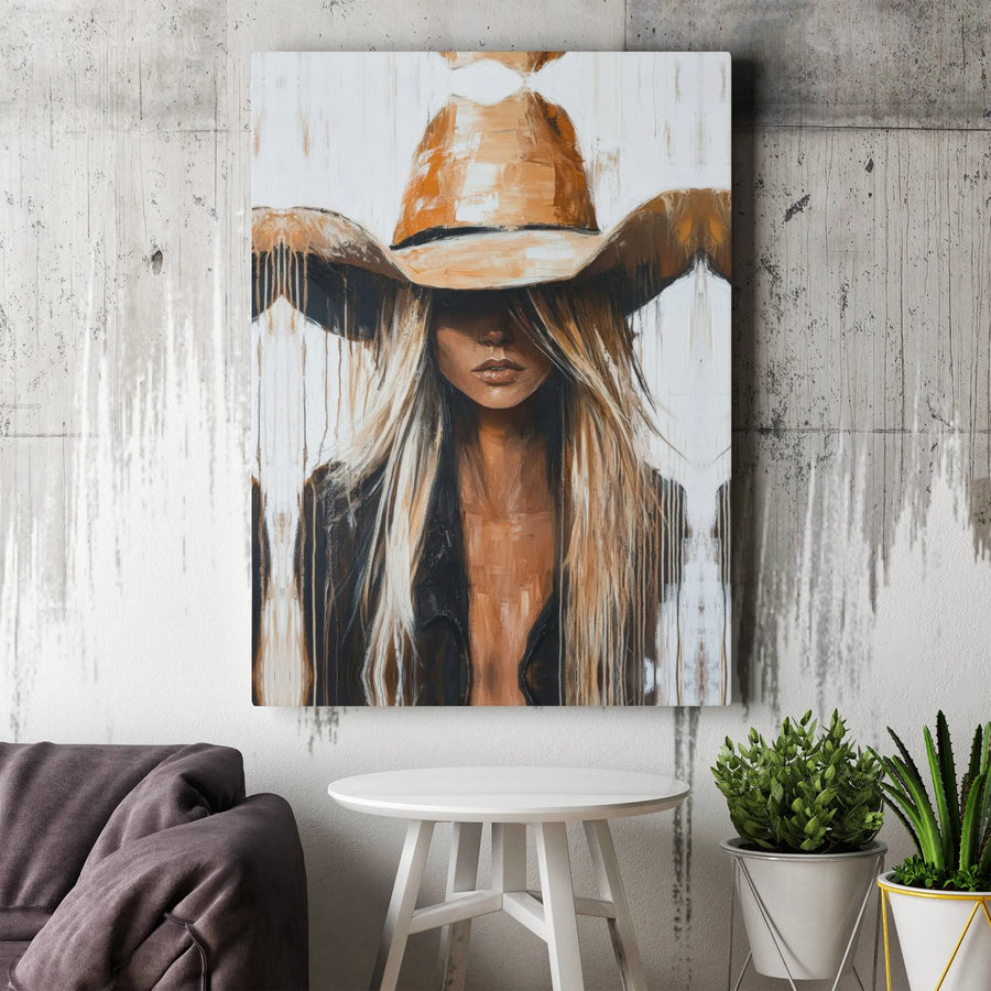 Cowgirl Canvas Wall Art | Abstract Blonde Woman In Cowboy Hat | Premium 1.25 Inch Gallery Wrap | Western Home Decor Gift