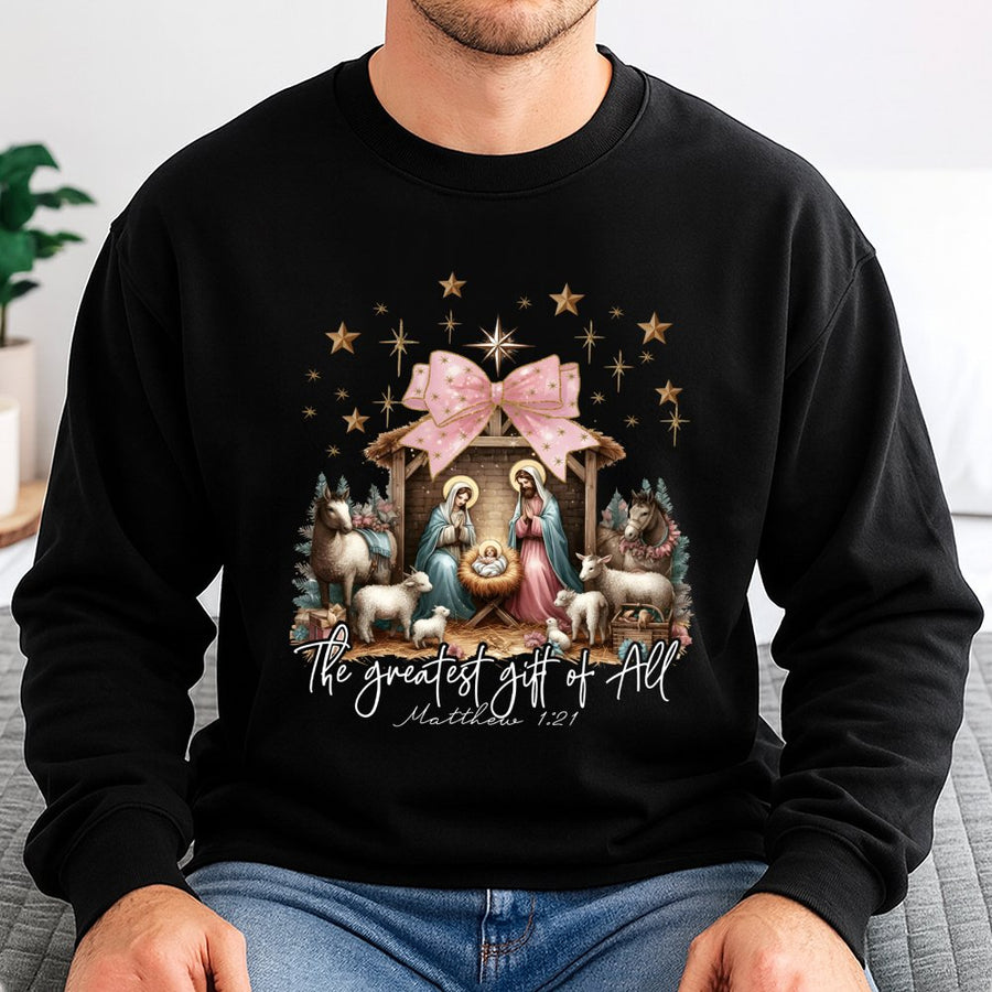 Nativity Scene Sweatshirt | The Greatest Gift Of All Christian Design | Soft Cotton Blend | Religious Christmas Gift For Her And Him