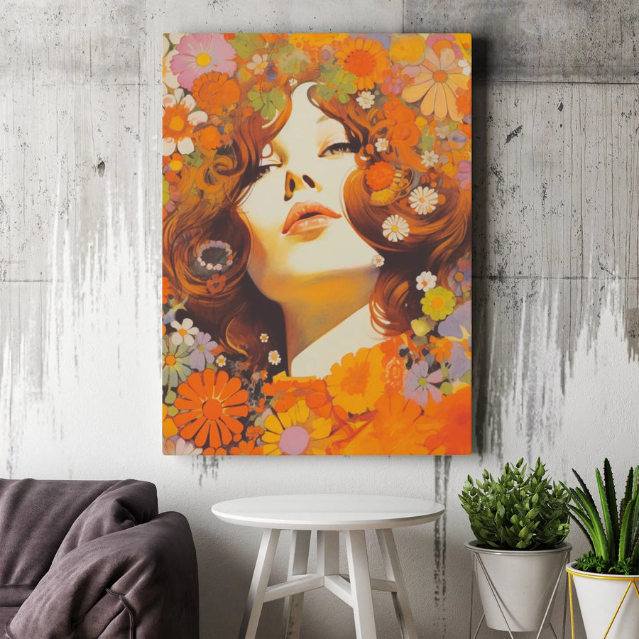 Retro 70s Flower Power Canvas Wall Art | Boho Floral Woman Portrait | Premium Gallery Wrap Decor | Gift for Hippie Aesthetic Lovers