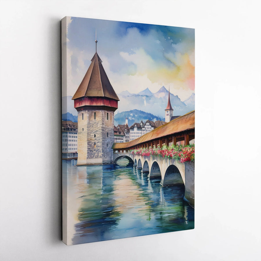 Lucerne Switzerland Canvas Wall Art | Watercolor Chapel Bridge Print | Premium Gallery Canvas | Swiss Home Decor Gift for Traveler
