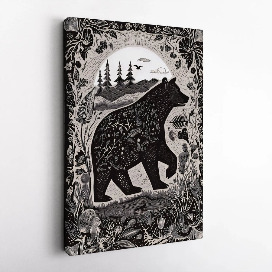 Linocut Style Bear Vertical Canvas | Folk Art Botanical Illustration | Premium High-Resolution Print | Rustic Cabin Decor Gift for Nature Lover