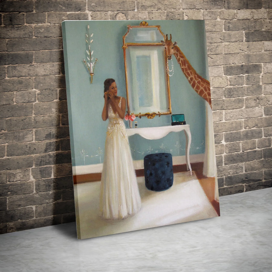 Whimsical Giraffe Canvas Wall Art | Surreal Woman Getting Ready Painting | Premium Gallery Wrapped Print | Eclectic Home Decor Gift