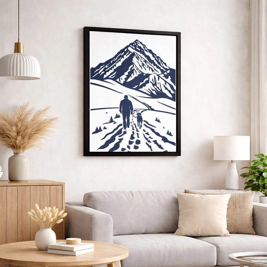 Man And Dog Hiking Canvas Wall Art | Snowy Mountain Peak Graphic | Premium 1.25-Inch Gallery Wrap | Adventure Gift For Dog Lovers
