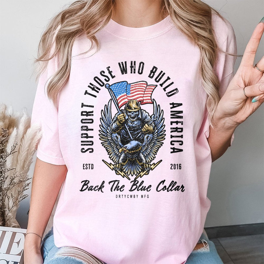 Blue Collar Worker T-Shirt | American Flag Eagle Skeleton Graphic | Premium Soft Cotton Tee | Patriotic Construction Trade Gift for Men