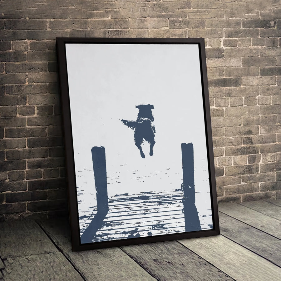Dog Jumping Off Dock Canvas Print | Minimalist Silhouette Wall Art | 1.25" Premium Gallery Wrapped | Coastal Dog Lover Home Decor Gift