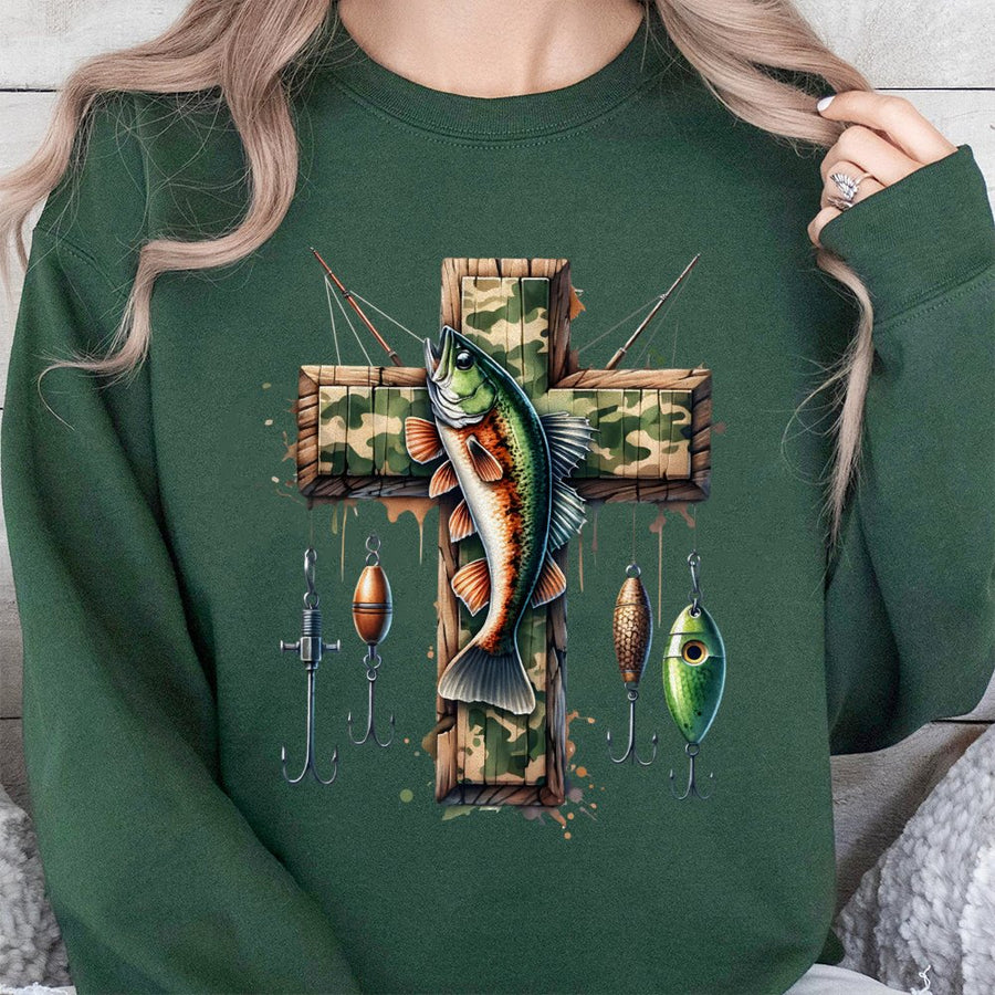 Fishing Cross Sweatshirt | Camo Faith Graphic Print | Premium Cotton Blend Unisex Crewneck | Religious Outdoor Dad Gift For Fishermen