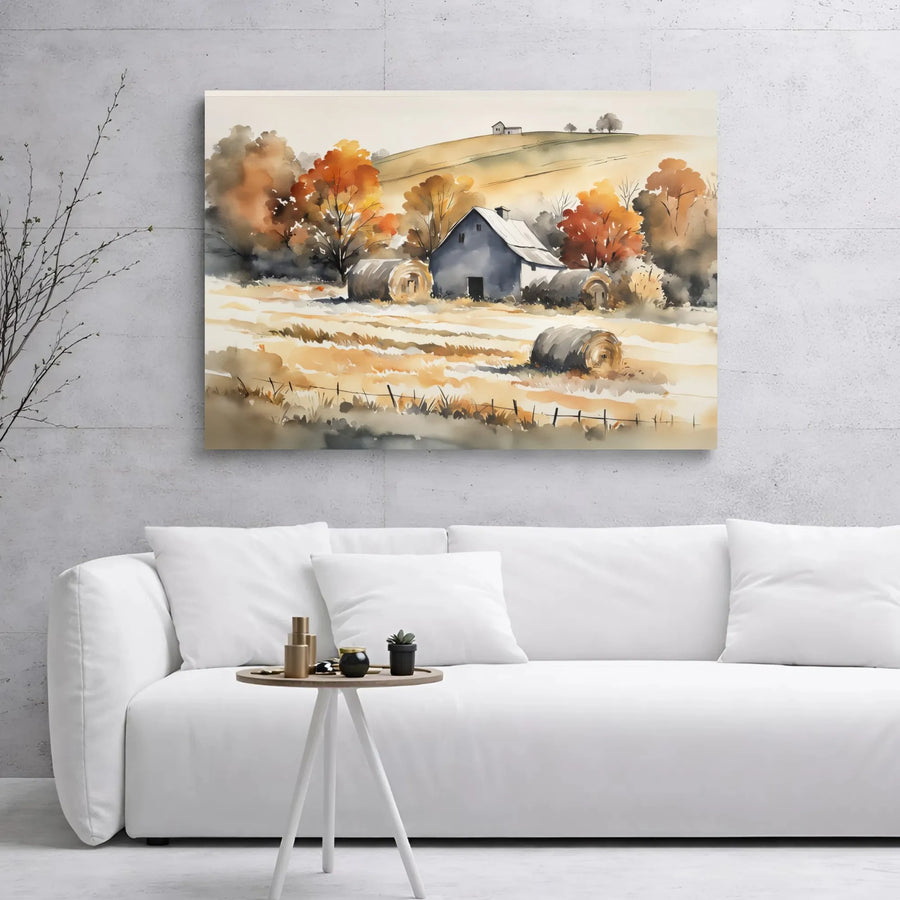 Rustic Autumn Barn Canvas Print | Watercolor Farmhouse Harvest Landscape | 1.25 Inch Gallery Wrap | Fall Home Decor Wall Art